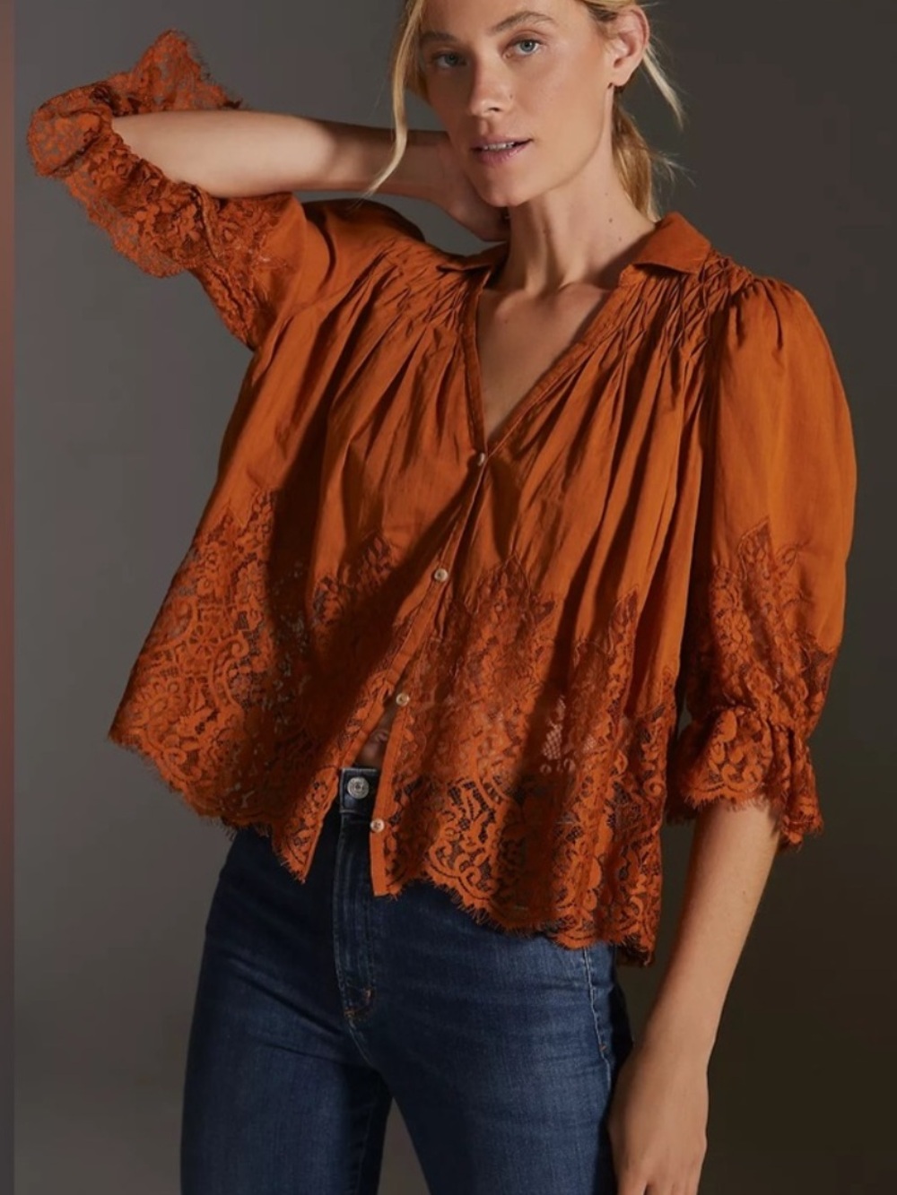 Women’s By Anthropologie Victorian Sheer Lace Button Up Blouse Rust Orange Sz XL